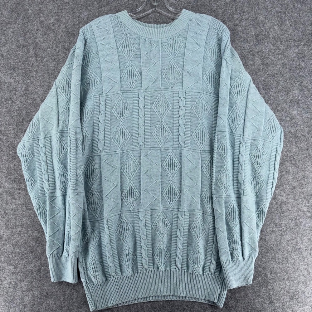 Oakton Limited Mens XL Tall Blue Cable Knit Diamond Texture Cotton Sweater USA